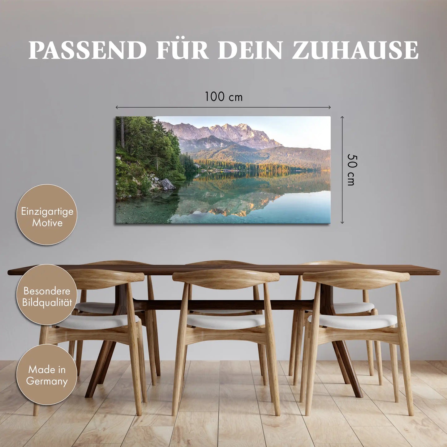 Leinwandbild alpine Berge vor einem stillen Bergsee bei Sonnenaufgang
