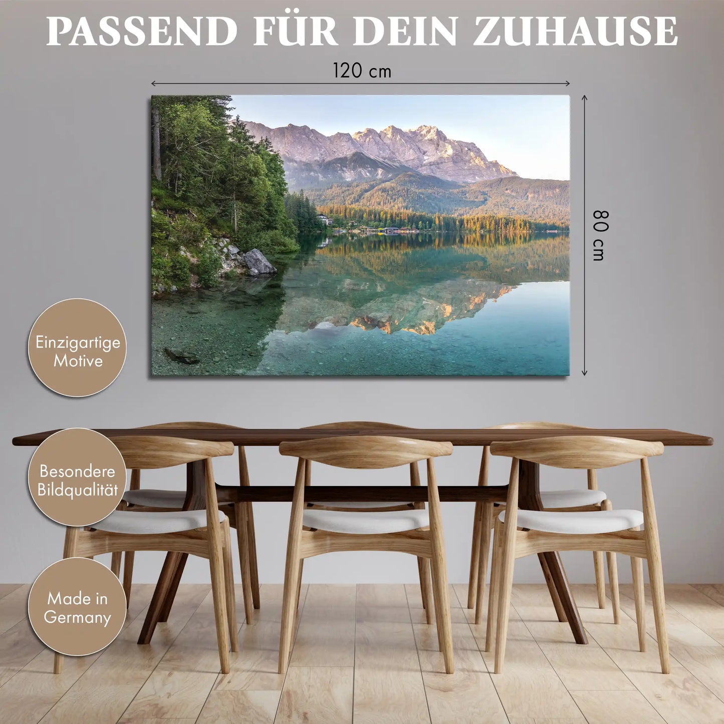 Leinwandbild alpine Berge vor einem stillen Bergsee bei Sonnenaufgang