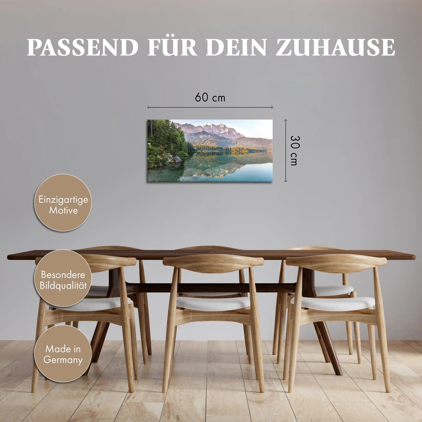 Leinwandbild alpine Berge vor einem stillen Bergsee bei Sonnenaufgang