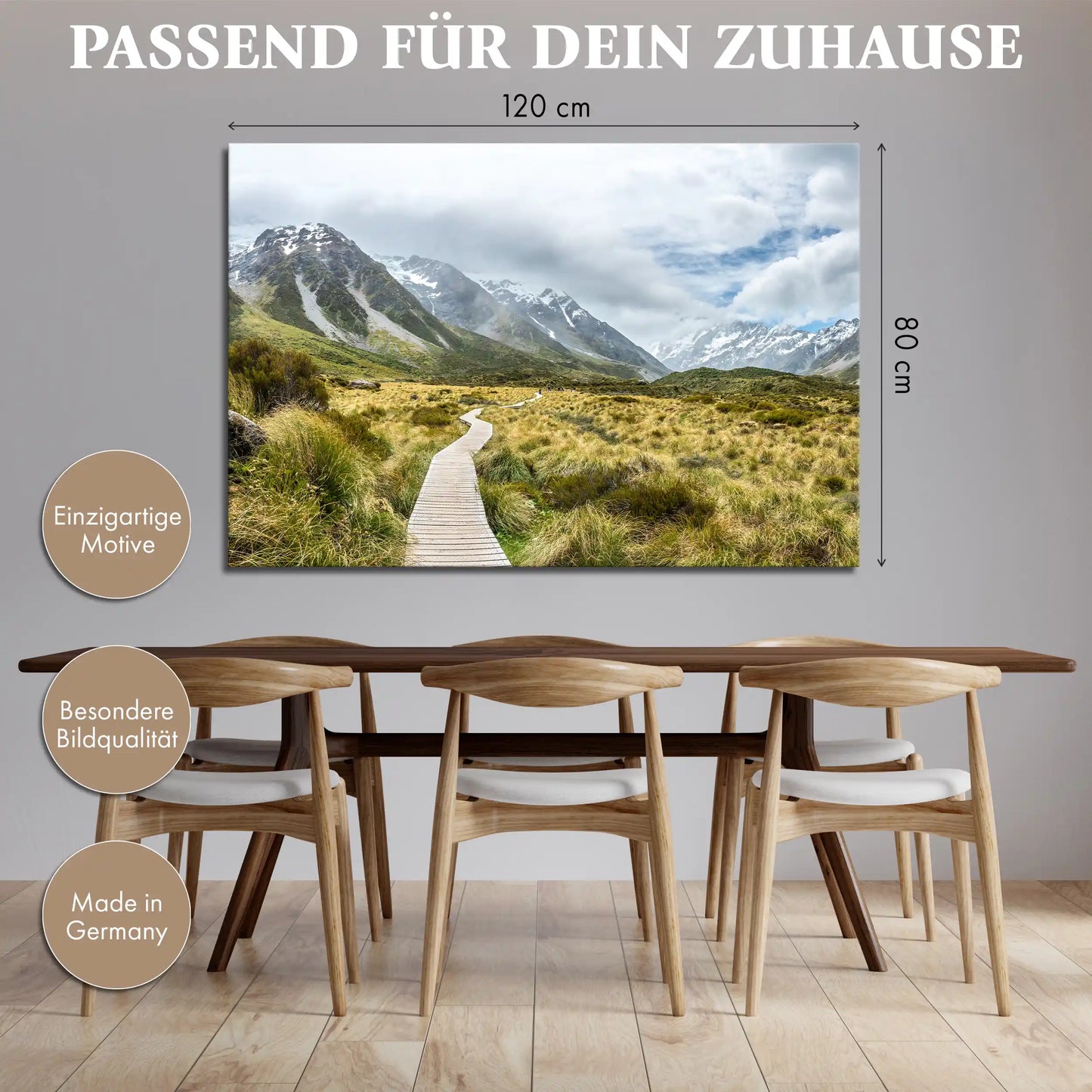 Leinwandbild mit Wanderweg durch alpine Berglandschaft in Neuseeland