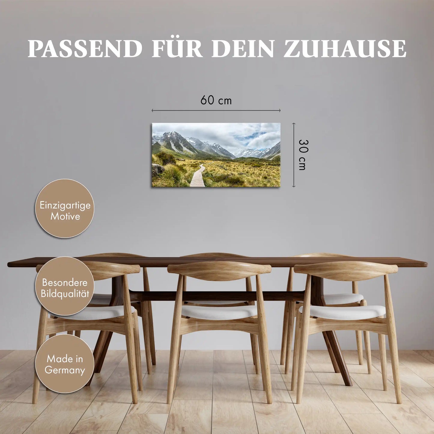 Leinwandbild mit Wanderweg durch alpine Berglandschaft in Neuseeland