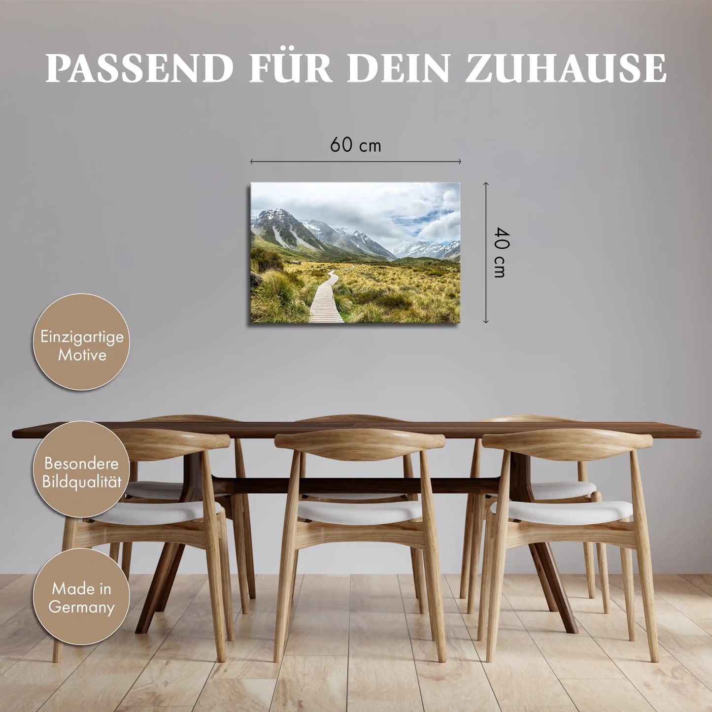 Leinwandbild mit Wanderweg durch alpine Berglandschaft in Neuseeland