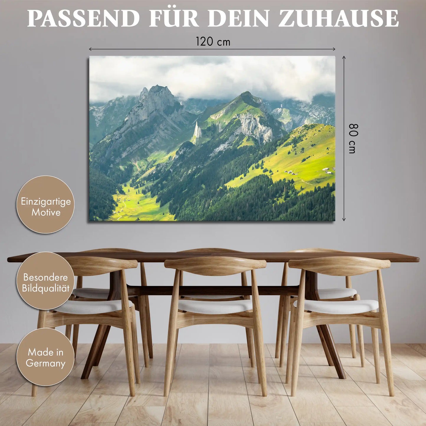 Leinwandbild Schweizer Alpenlandschaft bei bewölktem Himmel