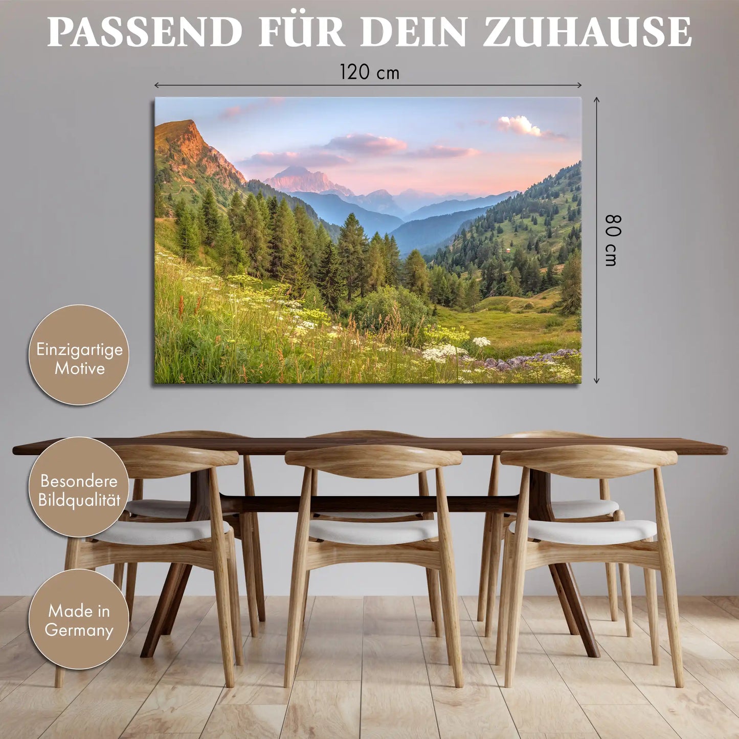 Leinwandbild Alpen Berge und Wiesen bei Sonnenuntergang