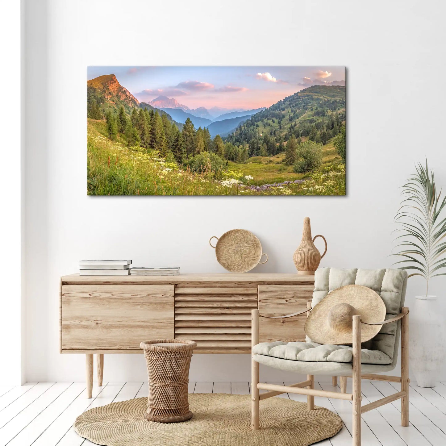 Leinwandbild Alpen Berge und Wiesen bei Sonnenuntergang