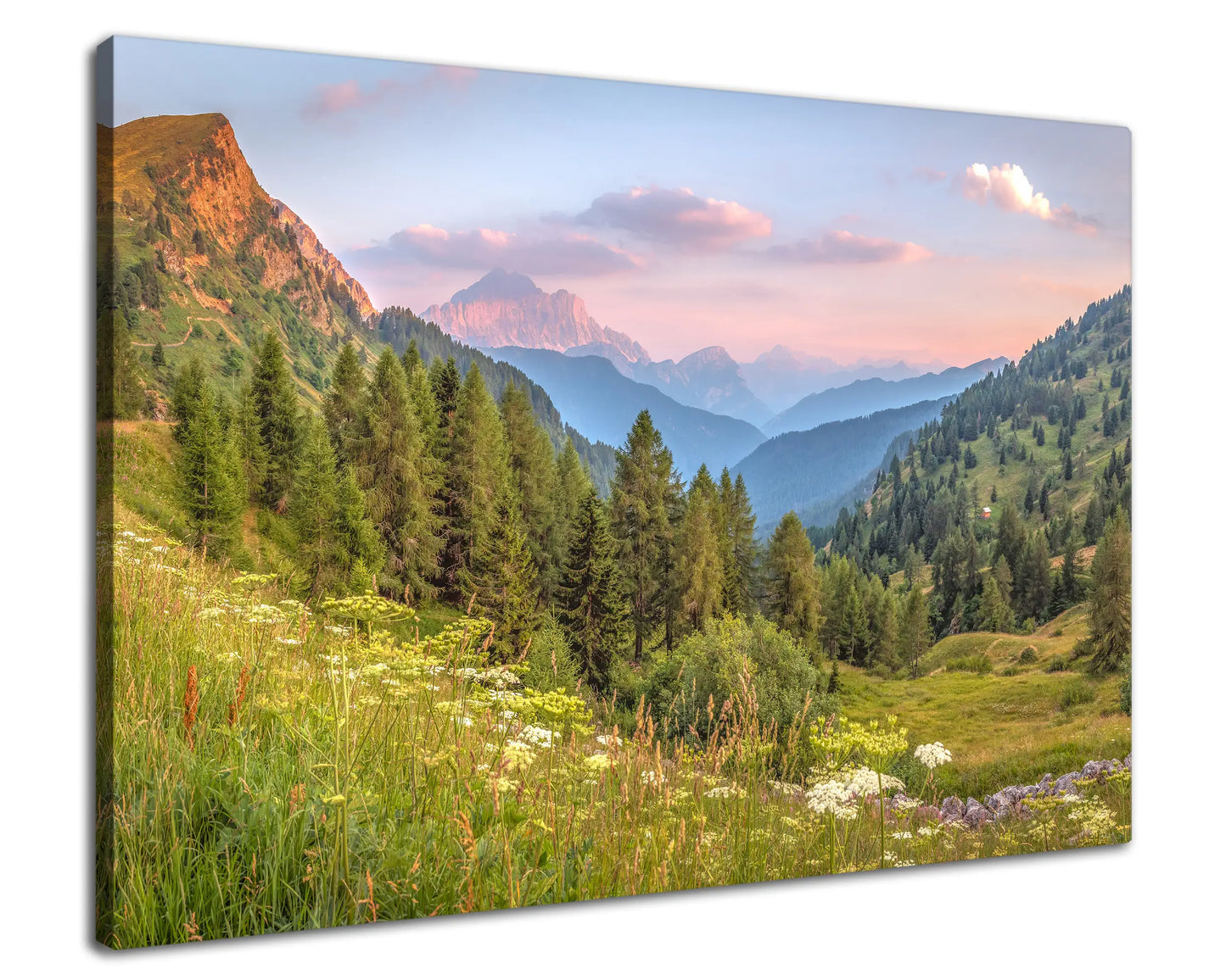 Leinwandbild Alpen Berge und Wiesen bei Sonnenuntergang