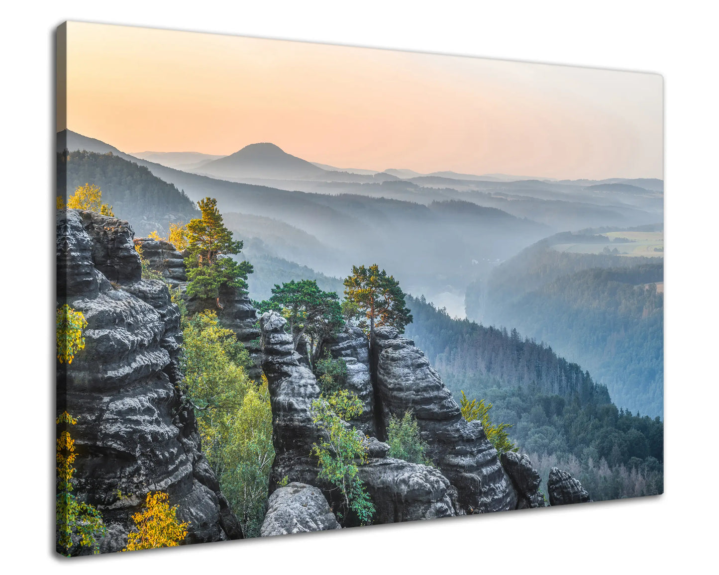 Leinwandbild Sonnenaufgang im Elbtal mit Felsen und Wald