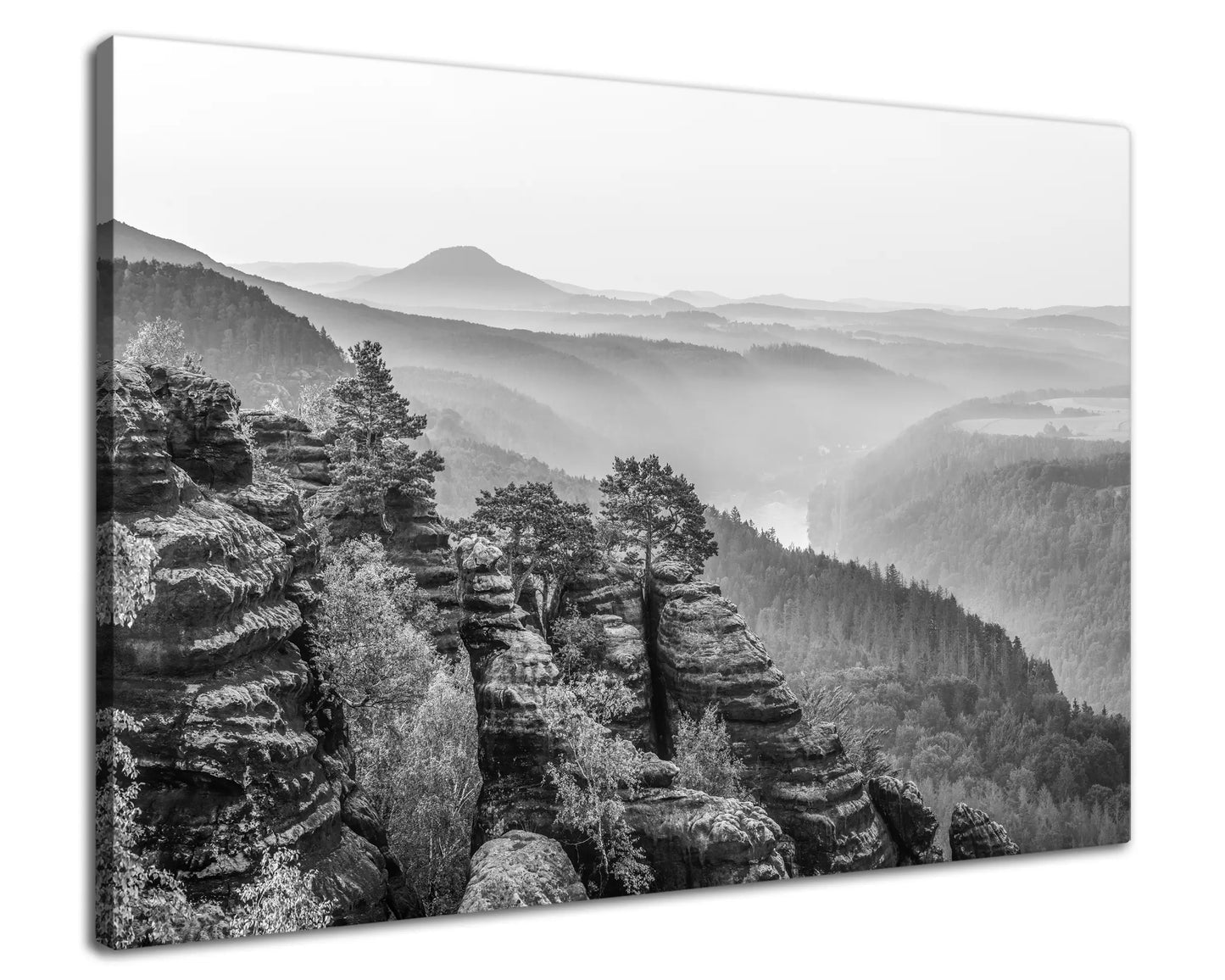 Leinwandbild Sonnenaufgang im Elbtal mit Felsen in schwarz weiß