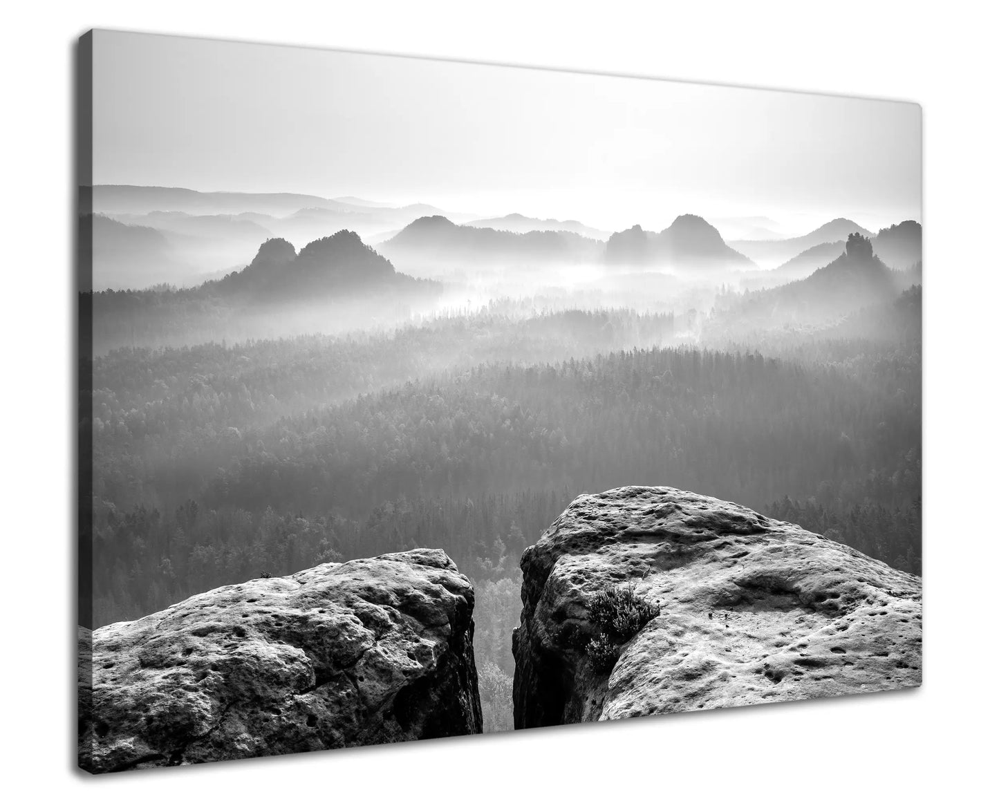 Leinwandbild Nebel und Felsen im Elbsandsteingebirge in schwarz weiß
