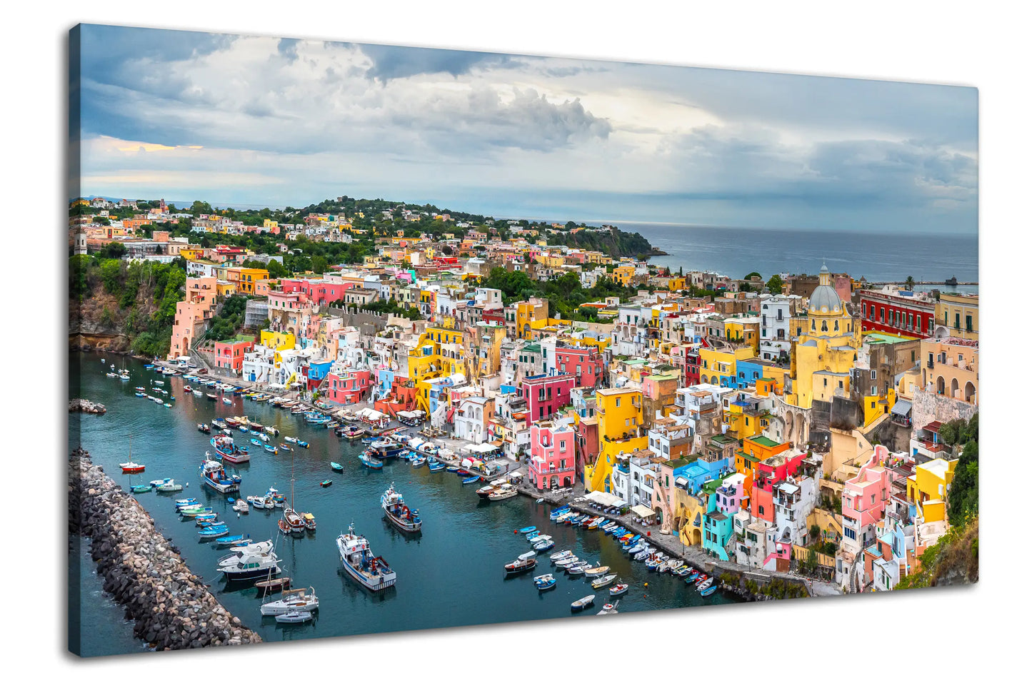 Leinwandbild mit Blick auf die Amalfiküste in Italien mit bunten Häusern und Meer
