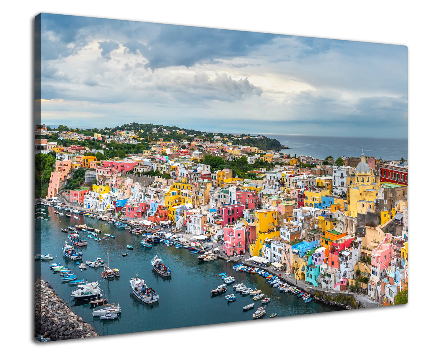 Leinwandbild mit Blick auf die Amalfiküste in Italien mit bunten Häusern und Meer