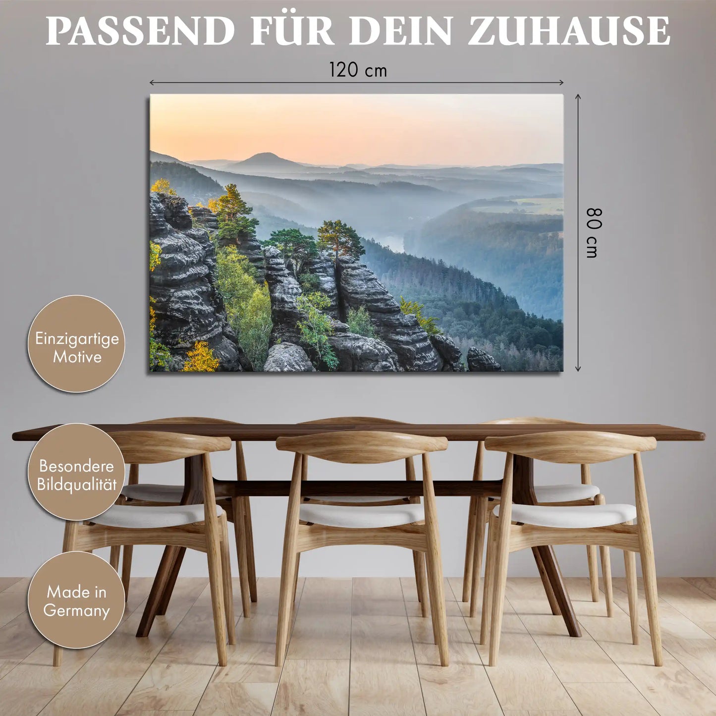 Leinwandbild Sonnenaufgang im Elbtal mit Felsen und Wald