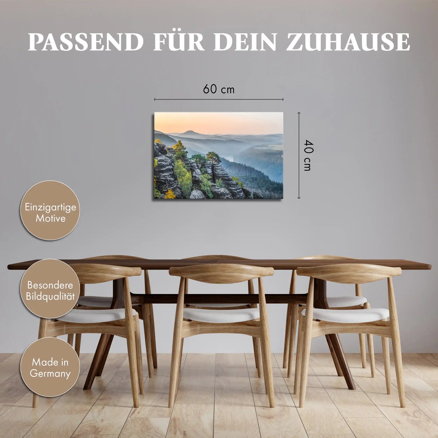 Leinwandbild Sonnenaufgang im Elbtal mit Felsen und Wald