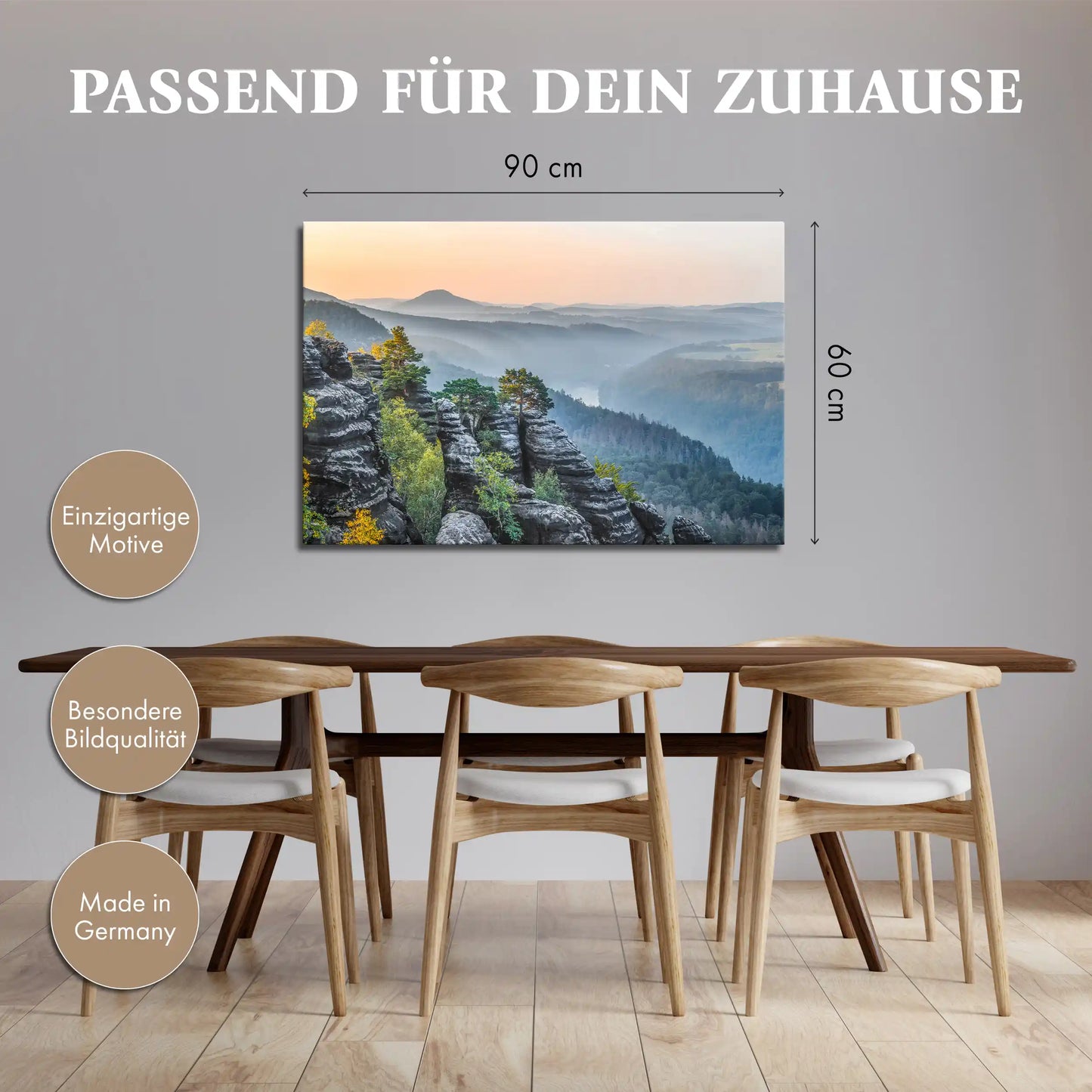 Leinwandbild Sonnenaufgang im Elbtal mit Felsen und Wald