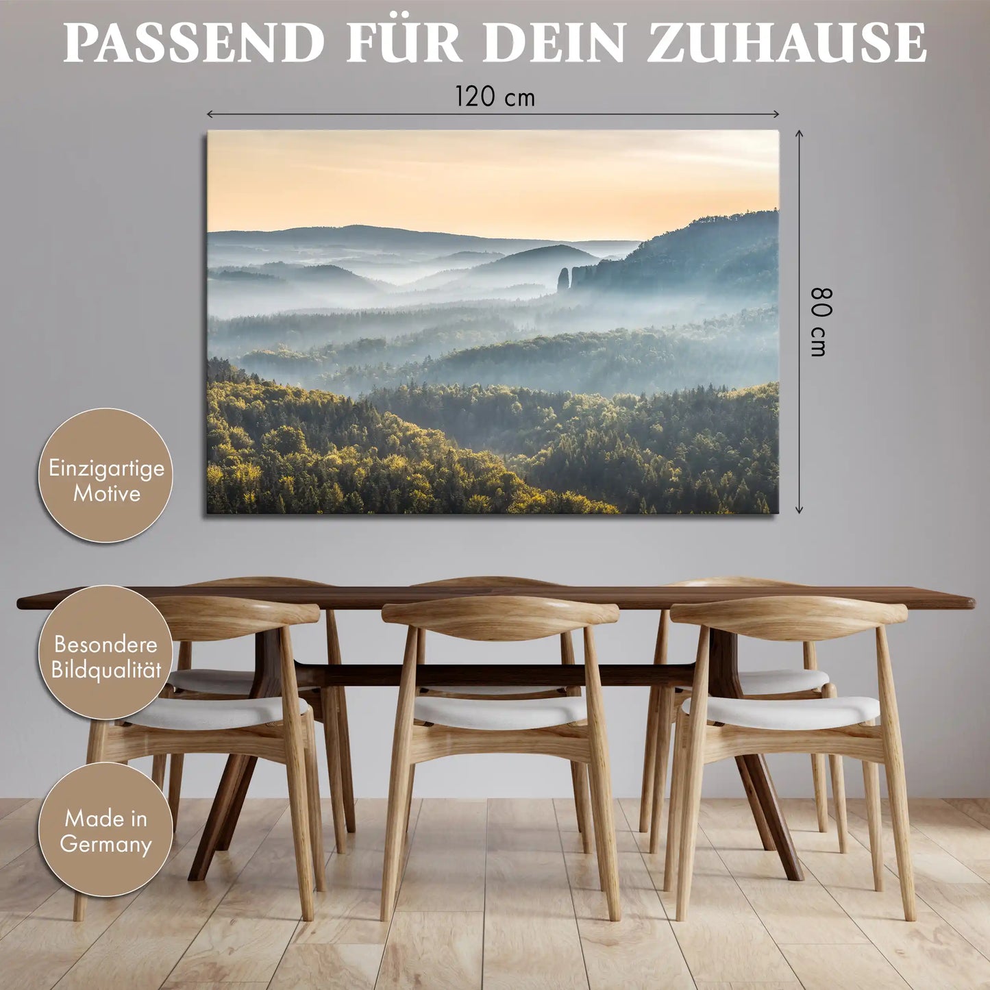 Leinwandbild Landschaft Tal im Sonnenaufgang mit Nebel