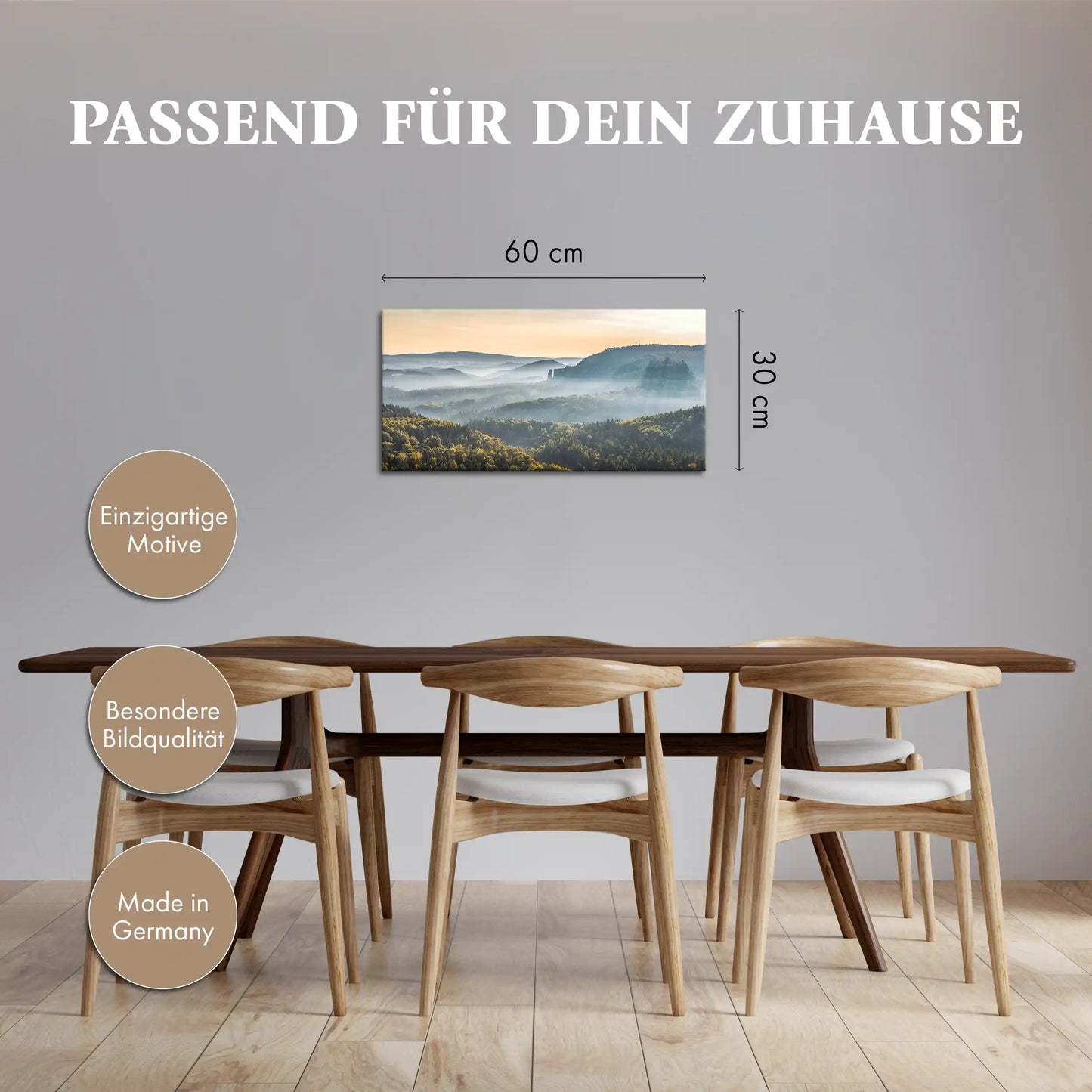 Leinwandbild Landschaft Tal im Sonnenaufgang mit Nebel