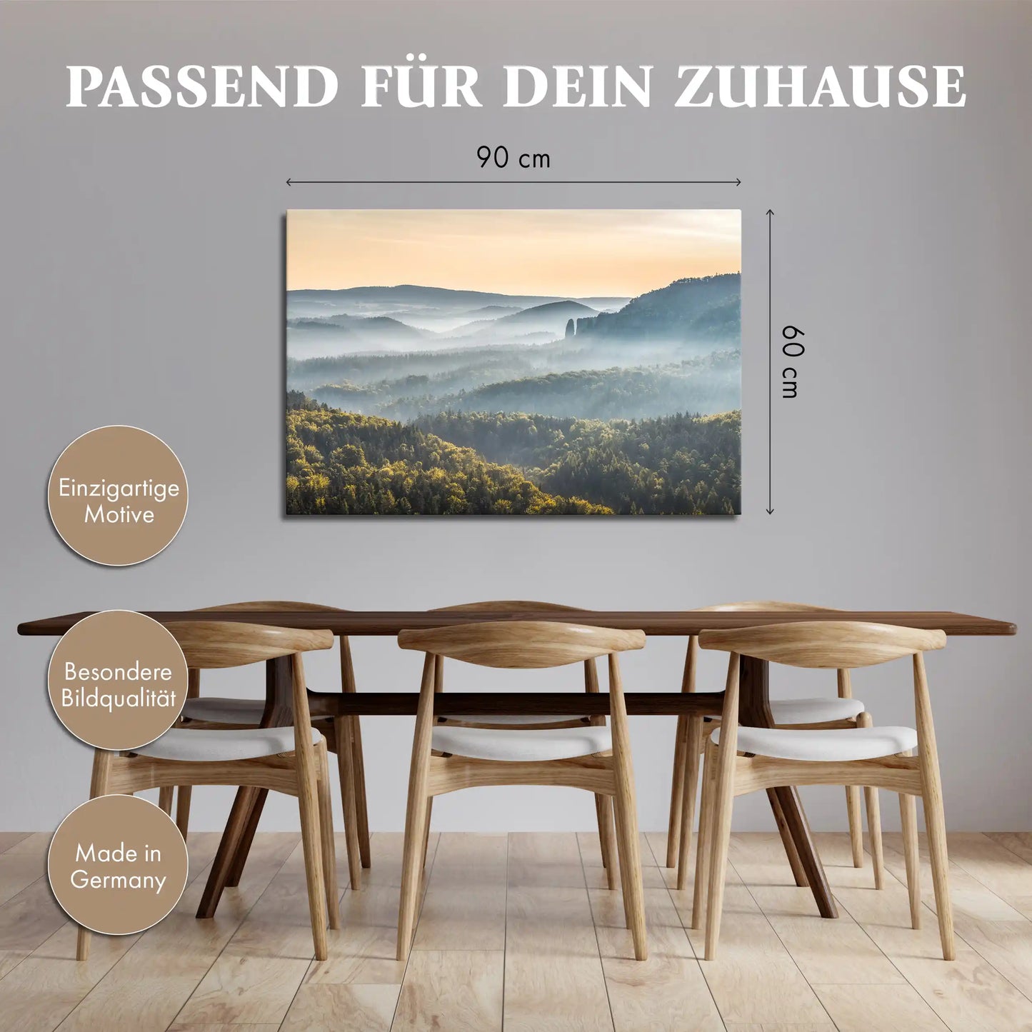 Leinwandbild Landschaft Tal im Sonnenaufgang mit Nebel