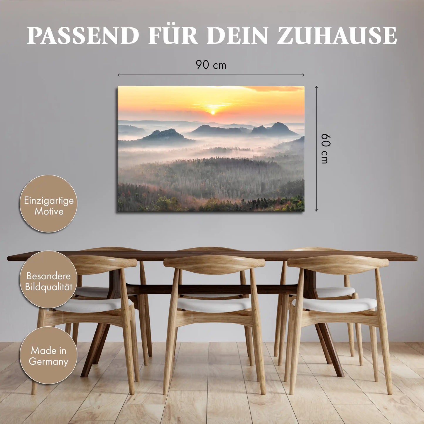 Leinwandbild Sonnenaufgang mit Nebel in einem Tal einer Wald Landschaft