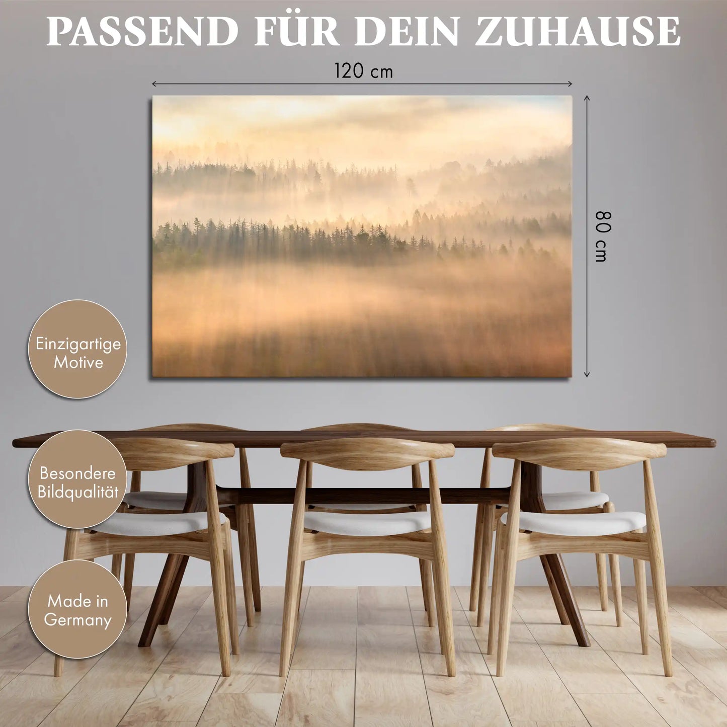 Leinwandbild Sonnenaufgang mit Nebel auf abstrakten Baumkronen