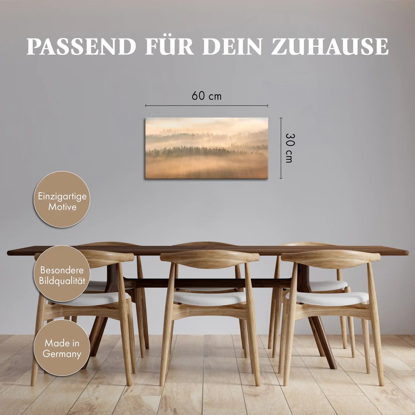 Leinwandbild Sonnenaufgang mit Nebel auf abstrakten Baumkronen
