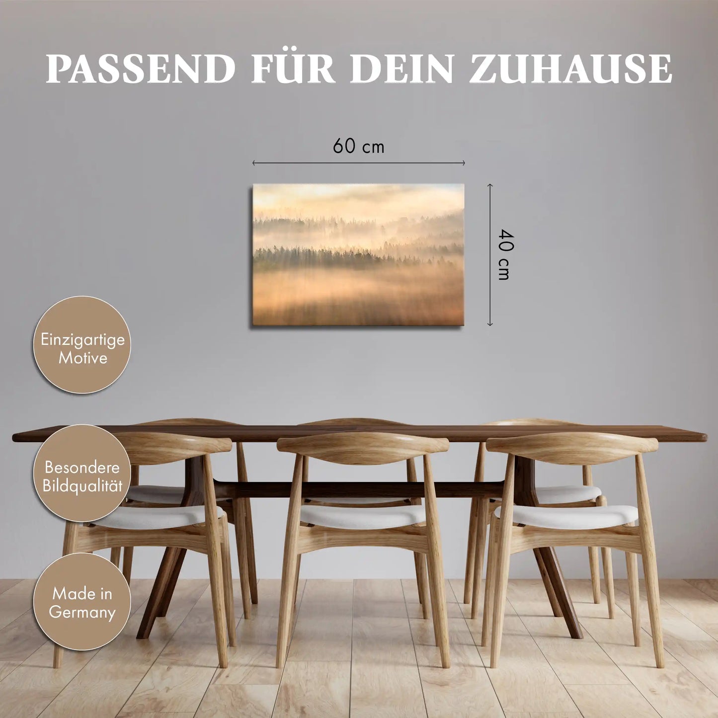 Leinwandbild Sonnenaufgang mit Nebel auf abstrakten Baumkronen