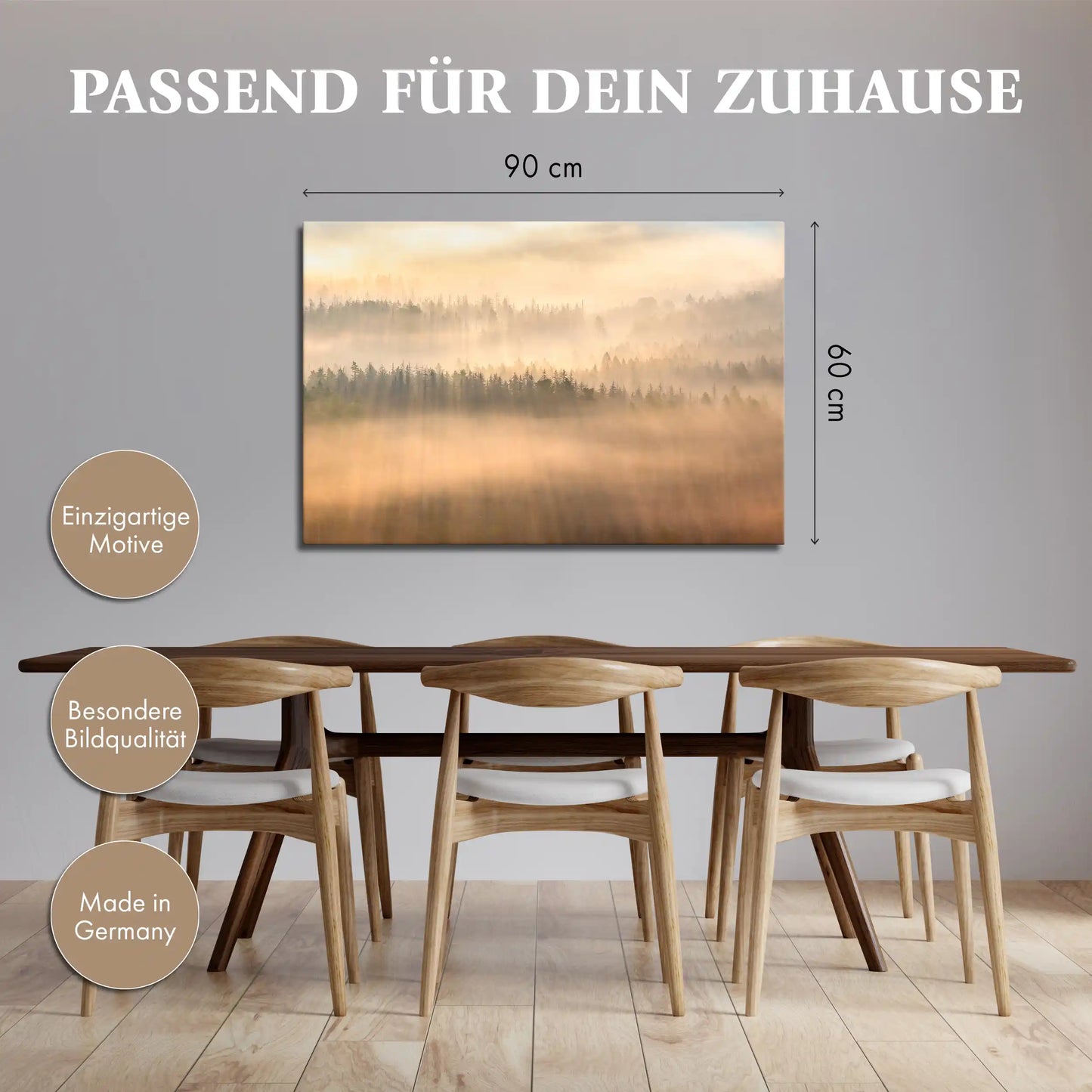 Leinwandbild Sonnenaufgang mit Nebel auf abstrakten Baumkronen