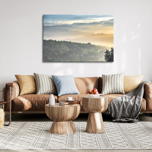 Leinwandbild Morgenlichter und Nebel im Elbstandsteingebirge
