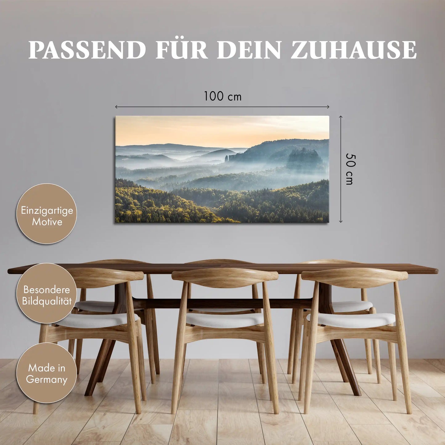 Leinwandbild Landschaft Tal im Sonnenaufgang mit Nebel