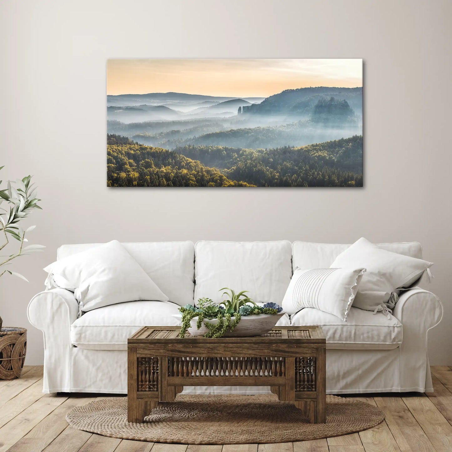 Leinwandbild Landschaft Tal im Sonnenaufgang mit Nebel
