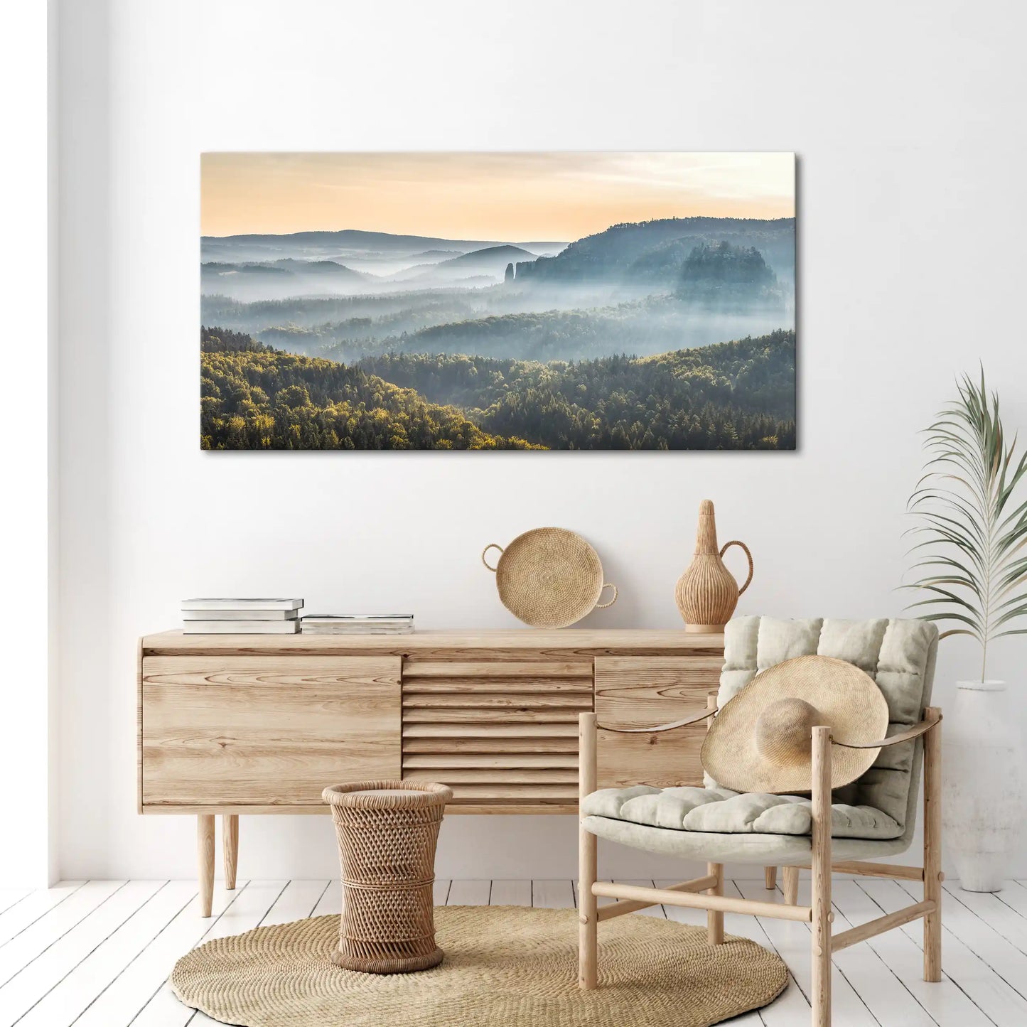 Leinwandbild Landschaft Tal im Sonnenaufgang mit Nebel