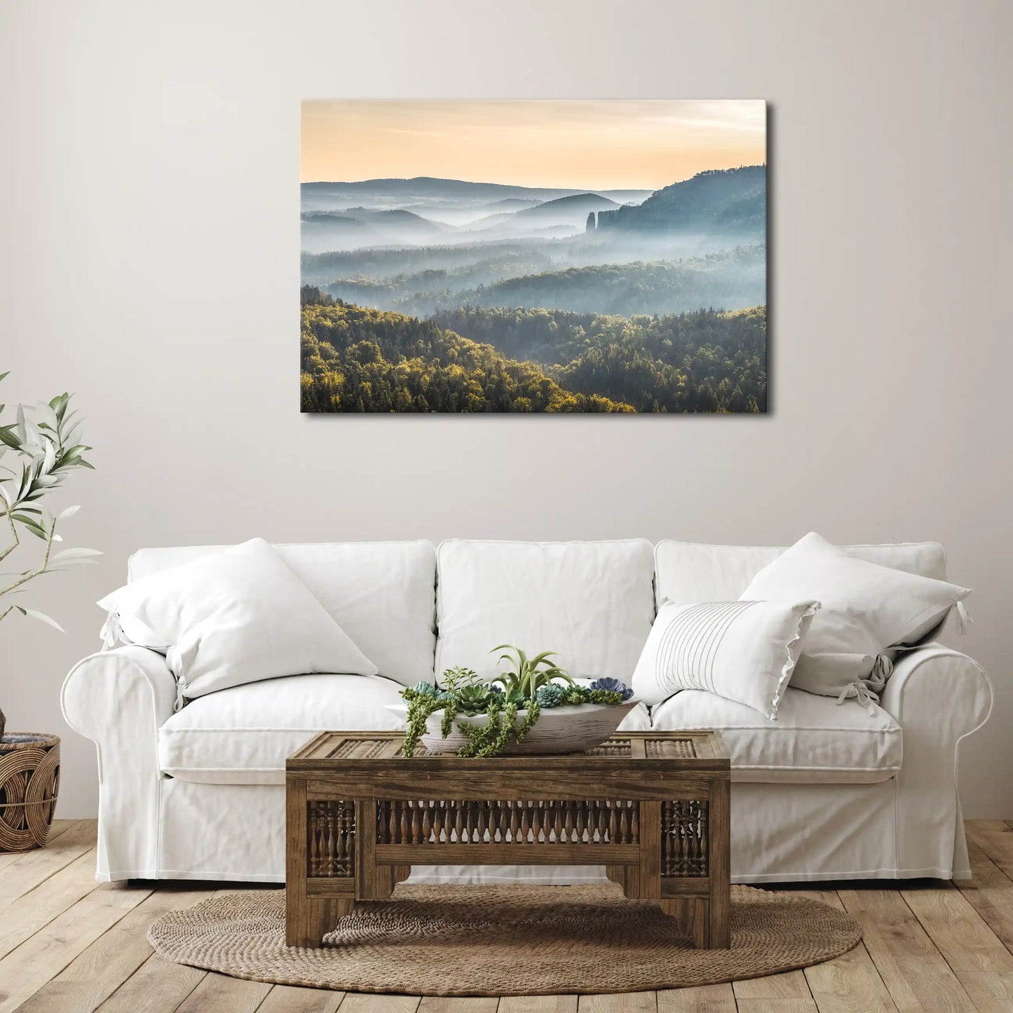 Leinwandbild Landschaft Tal im Sonnenaufgang mit Nebel