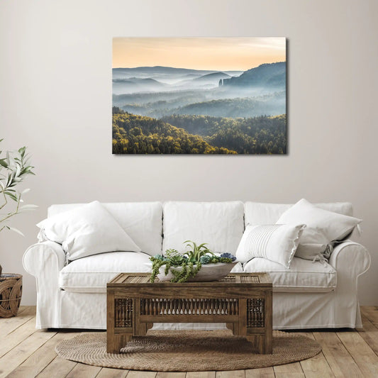 Leinwandbild Landschaft Tal im Sonnenaufgang mit Nebel