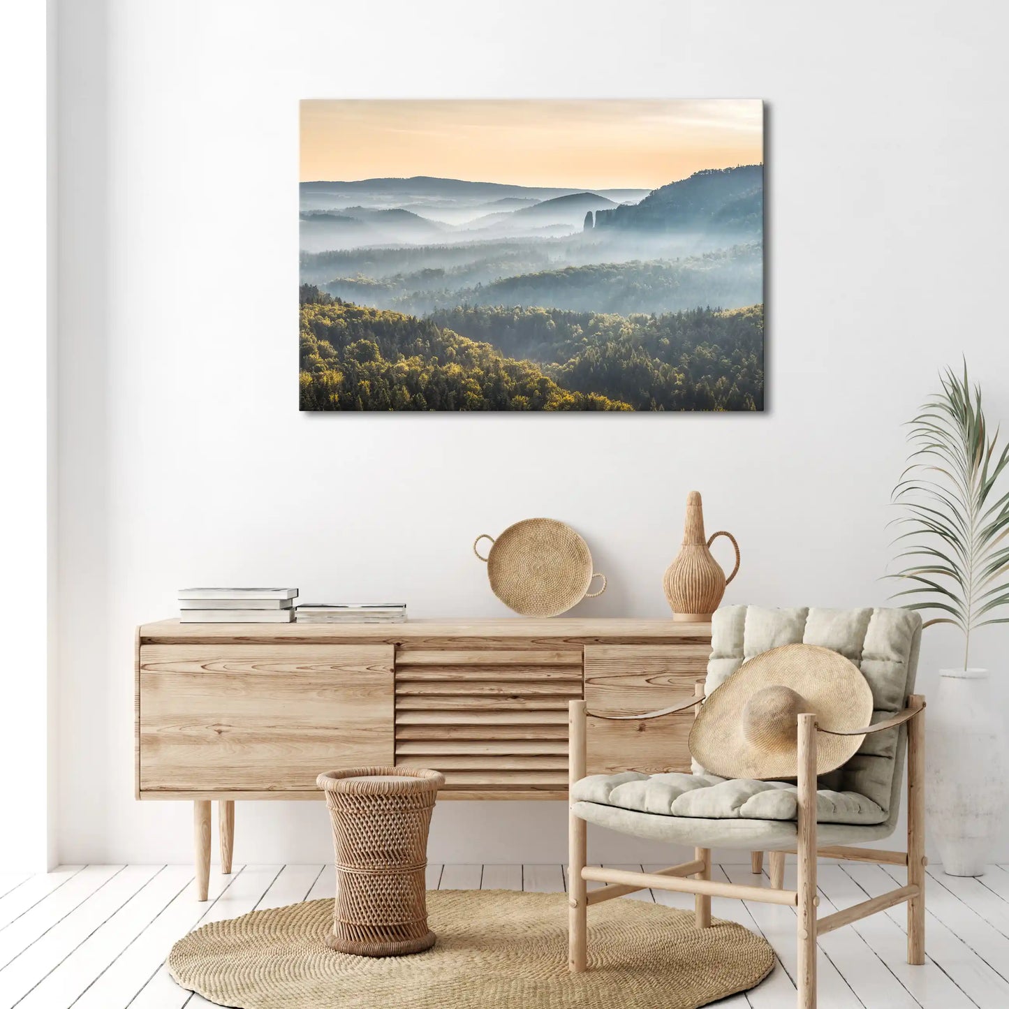 Leinwandbild Landschaft Tal im Sonnenaufgang mit Nebel