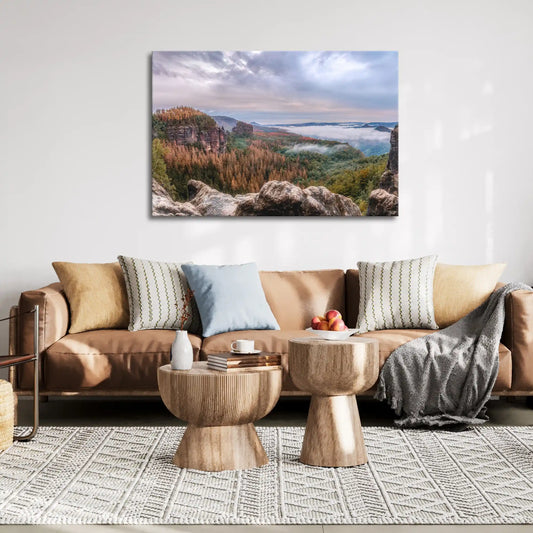 Leinwandbild Wald Landschaft in mystischem Nebel