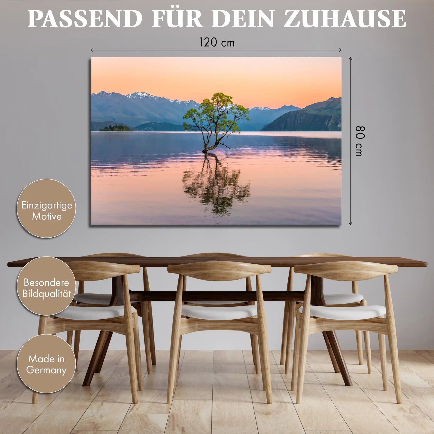 Leinwandbild mit dem Wanaka Tree im stillen Bergsee bei Sonnenaufgang