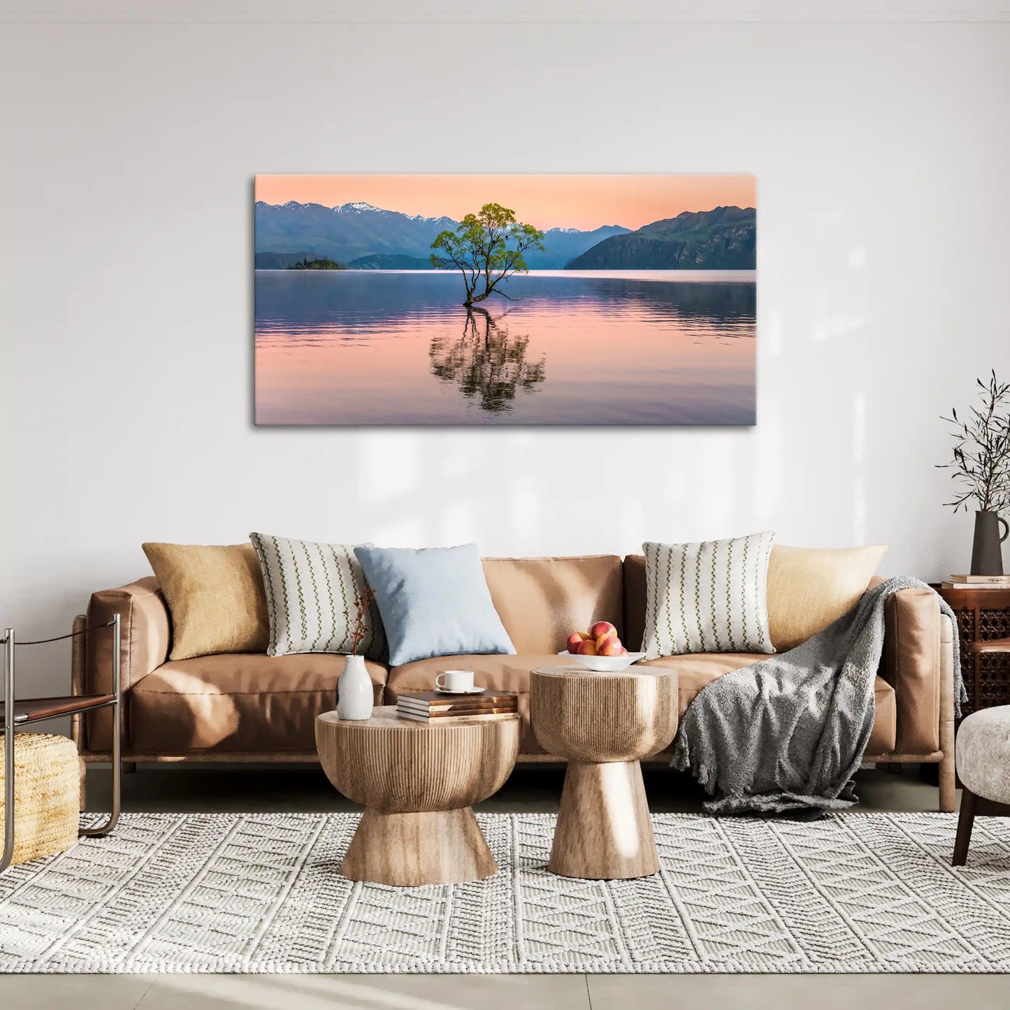 Leinwandbild mit dem Wanaka Tree im stillen Bergsee bei Sonnenaufgang