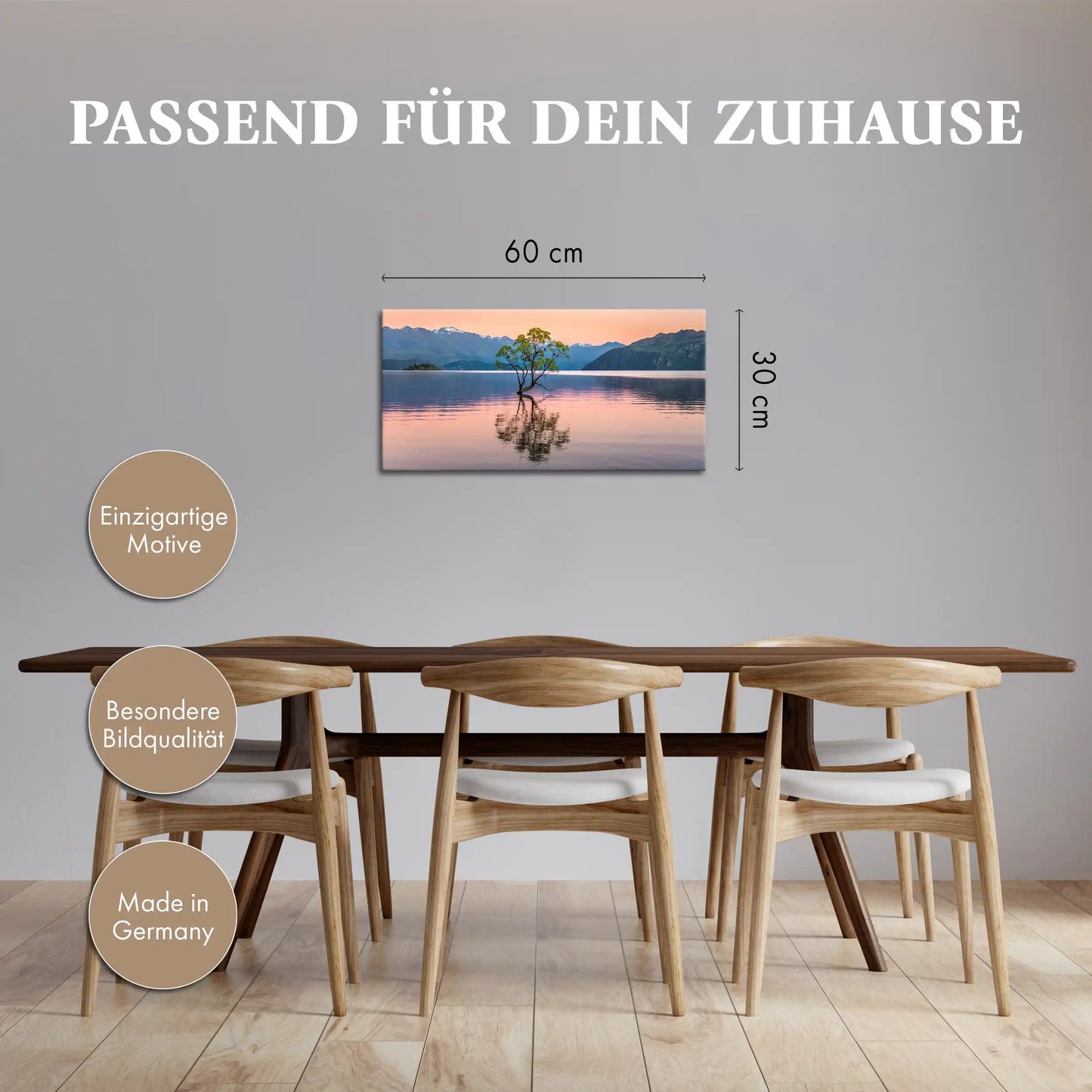 Leinwandbild mit dem Wanaka Tree im stillen Bergsee bei Sonnenaufgang