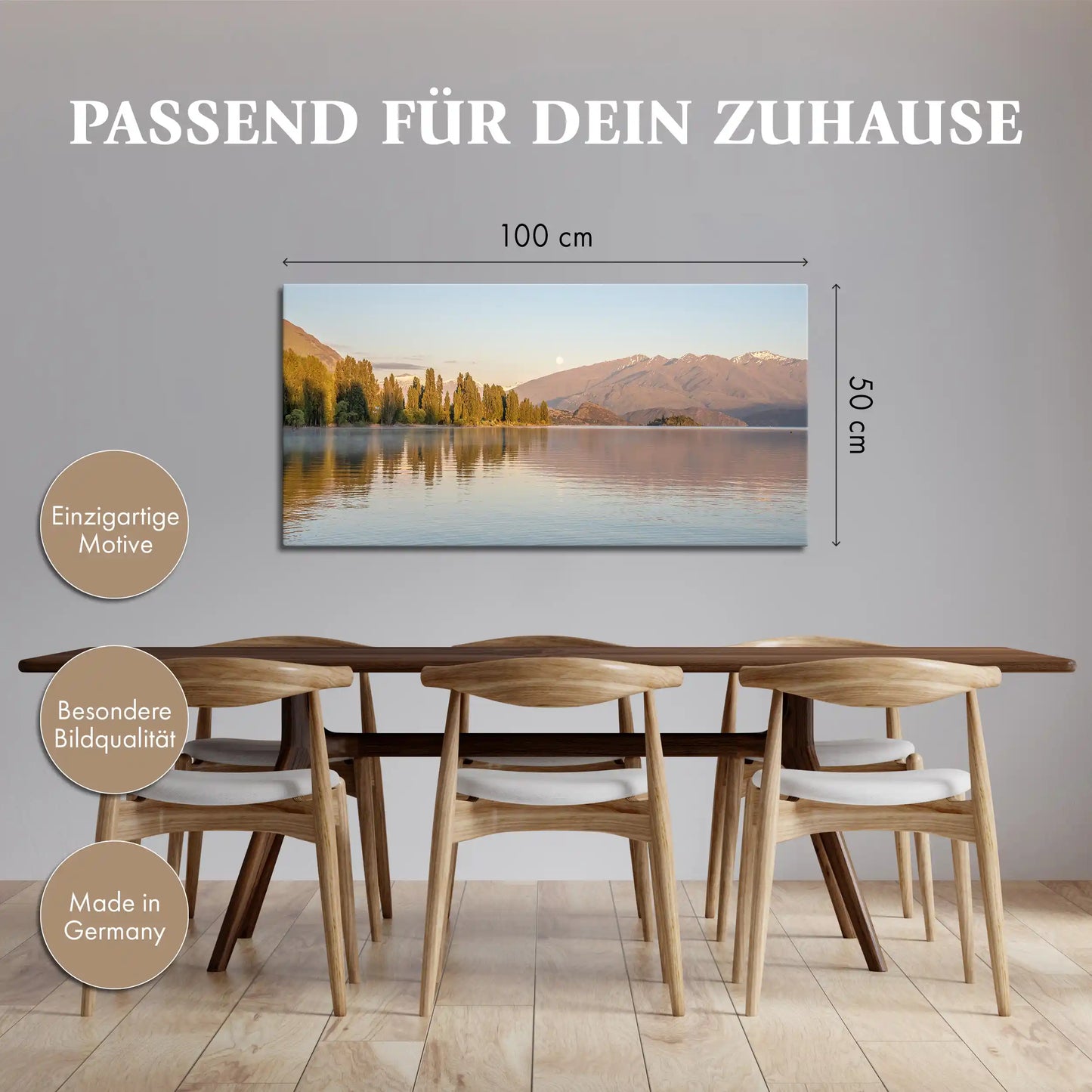 Leinwandbild mit Bergsee in Neuseeland bei Sonnenaufgang und Spiegelung im Wasser