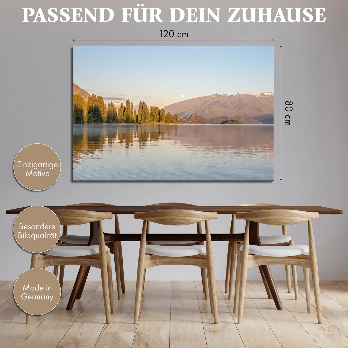 Leinwandbild mit Bergsee in Neuseeland bei Sonnenaufgang und Spiegelung im Wasser