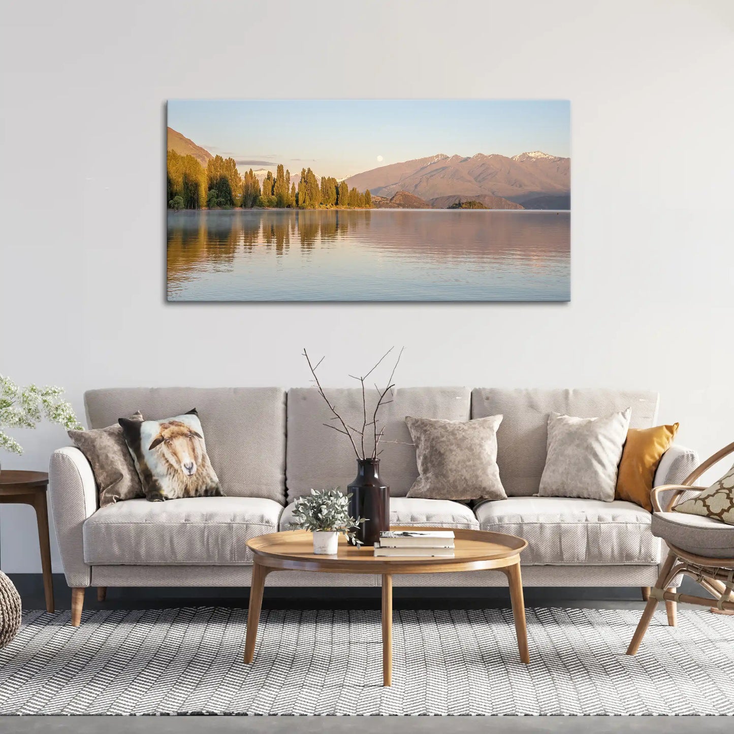 Leinwandbild mit Bergsee in Neuseeland bei Sonnenaufgang und Spiegelung im Wasser