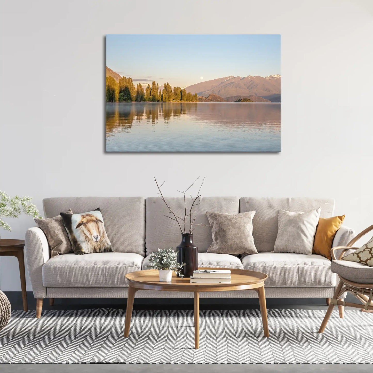 Leinwandbild mit Bergsee in Neuseeland bei Sonnenaufgang und Spiegelung im Wasser