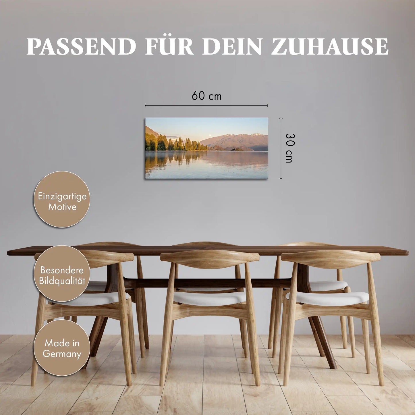Leinwandbild mit Bergsee in Neuseeland bei Sonnenaufgang und Spiegelung im Wasser