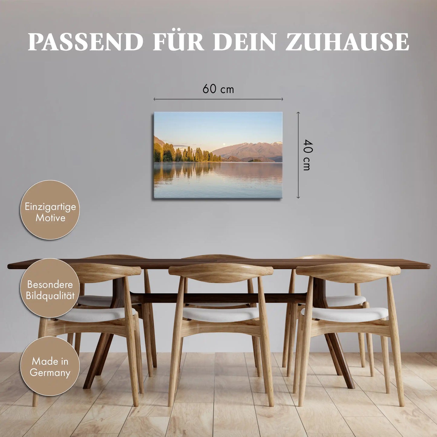 Leinwandbild mit Bergsee in Neuseeland bei Sonnenaufgang und Spiegelung im Wasser