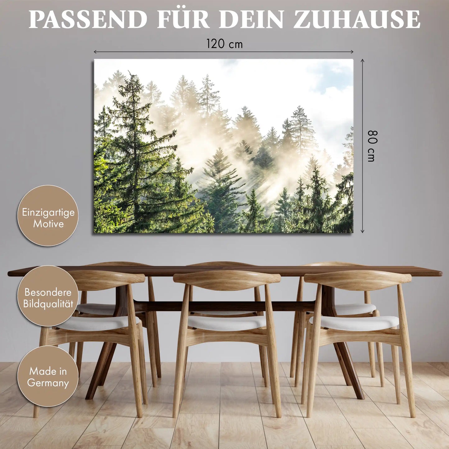 Leinwandbild Fichtenwald im Nebel am Morgen