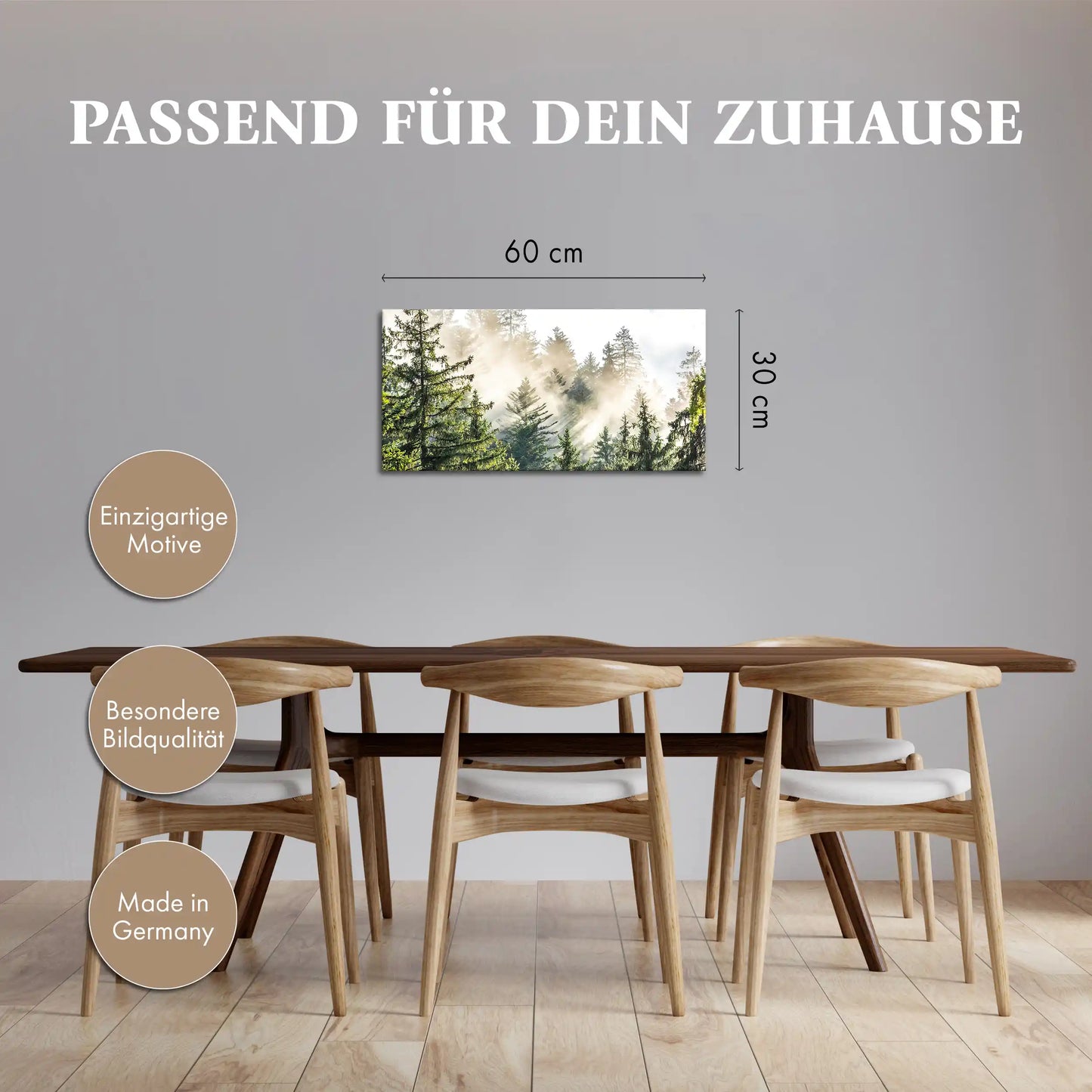 Leinwandbild Fichtenwald im Nebel am Morgen