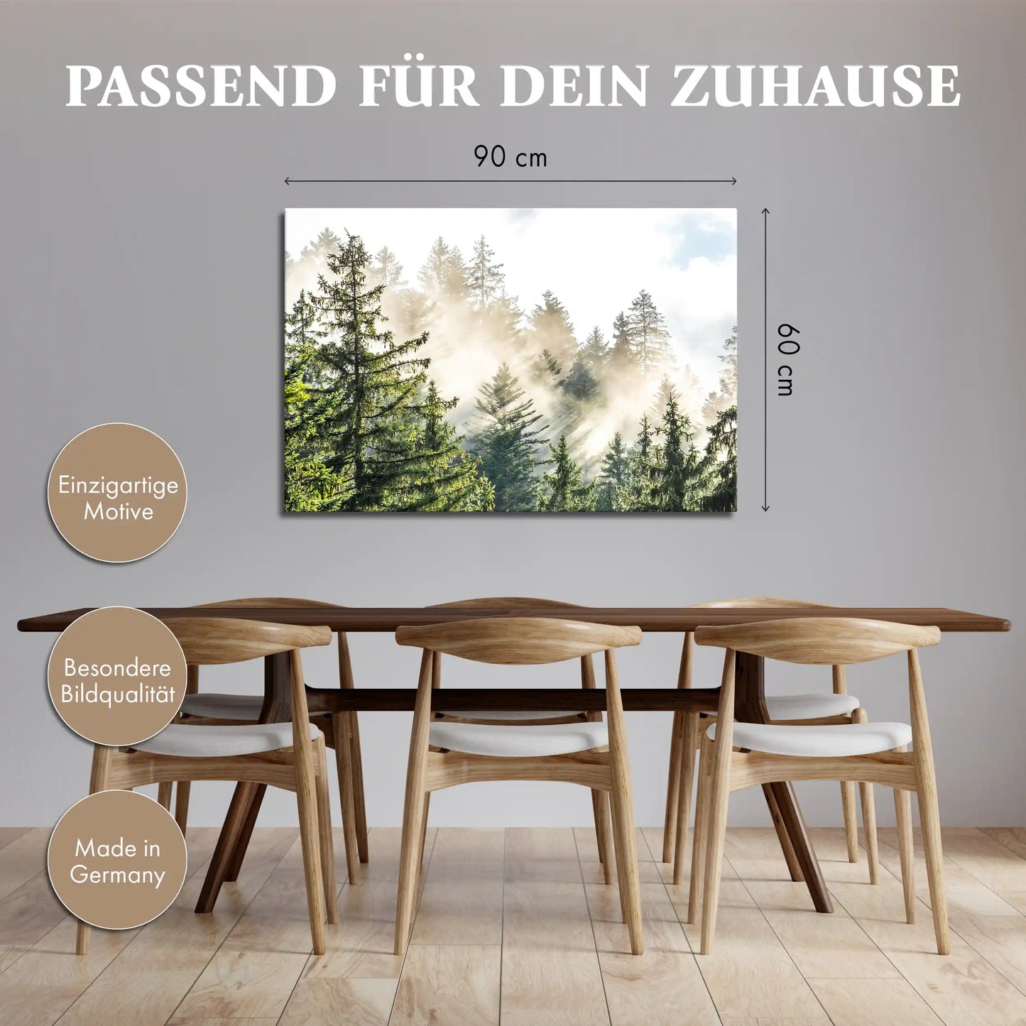 Leinwandbild Fichtenwald im Nebel am Morgen