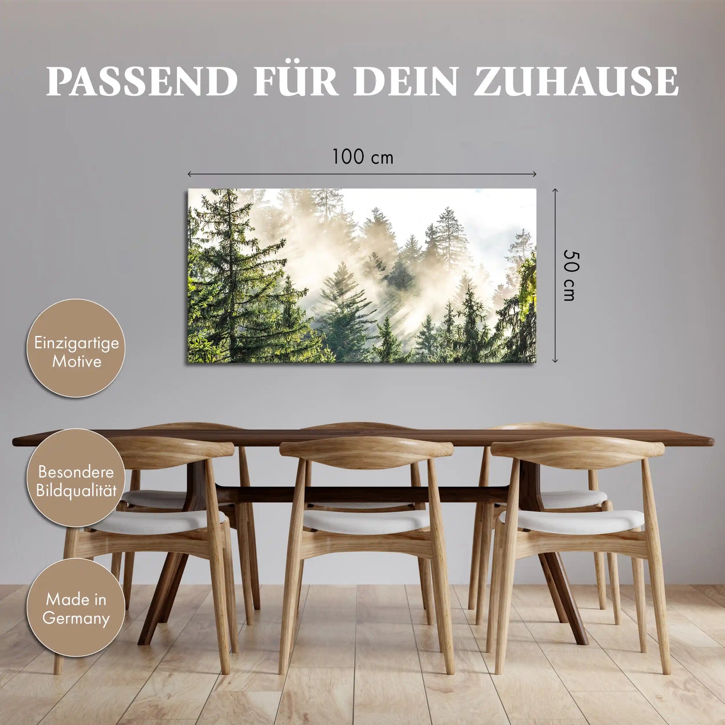 Leinwandbild Fichtenwald im Nebel am Morgen