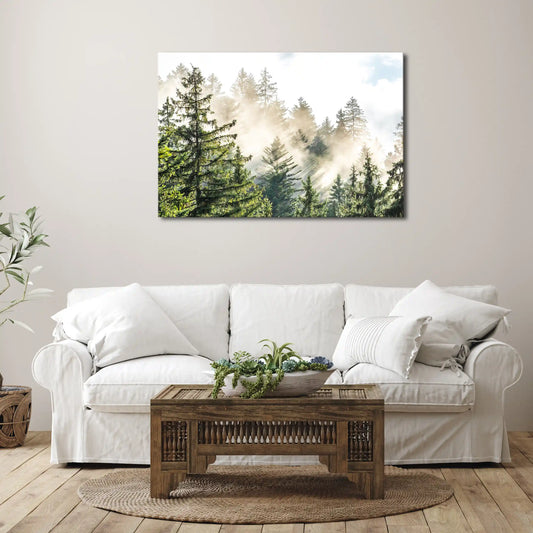 Leinwandbild Fichtenwald im Nebel am Morgen