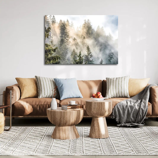 Leinwandbild Sonnenstrahlen durch Nebel im Schwarzwald