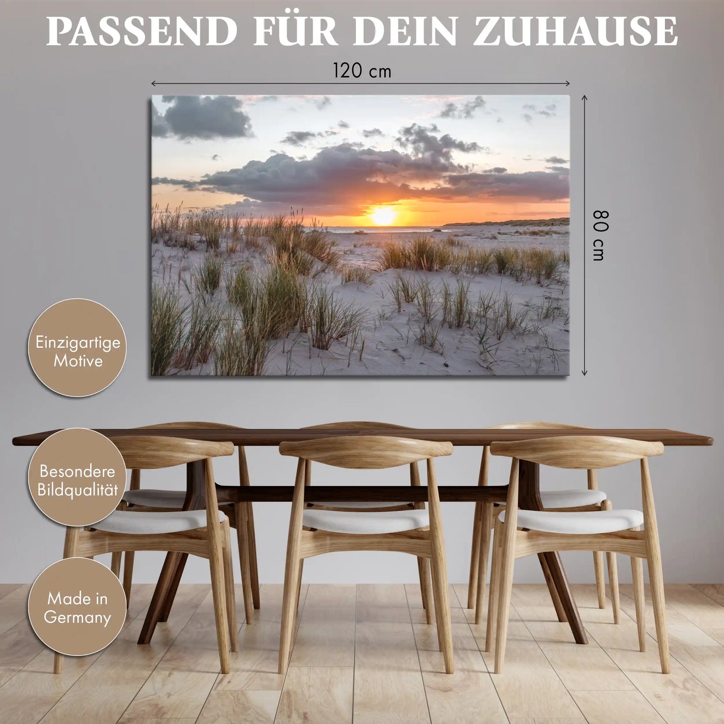 Leinwandbild Dünen und Strand am Meer bei Sonnenaufgang